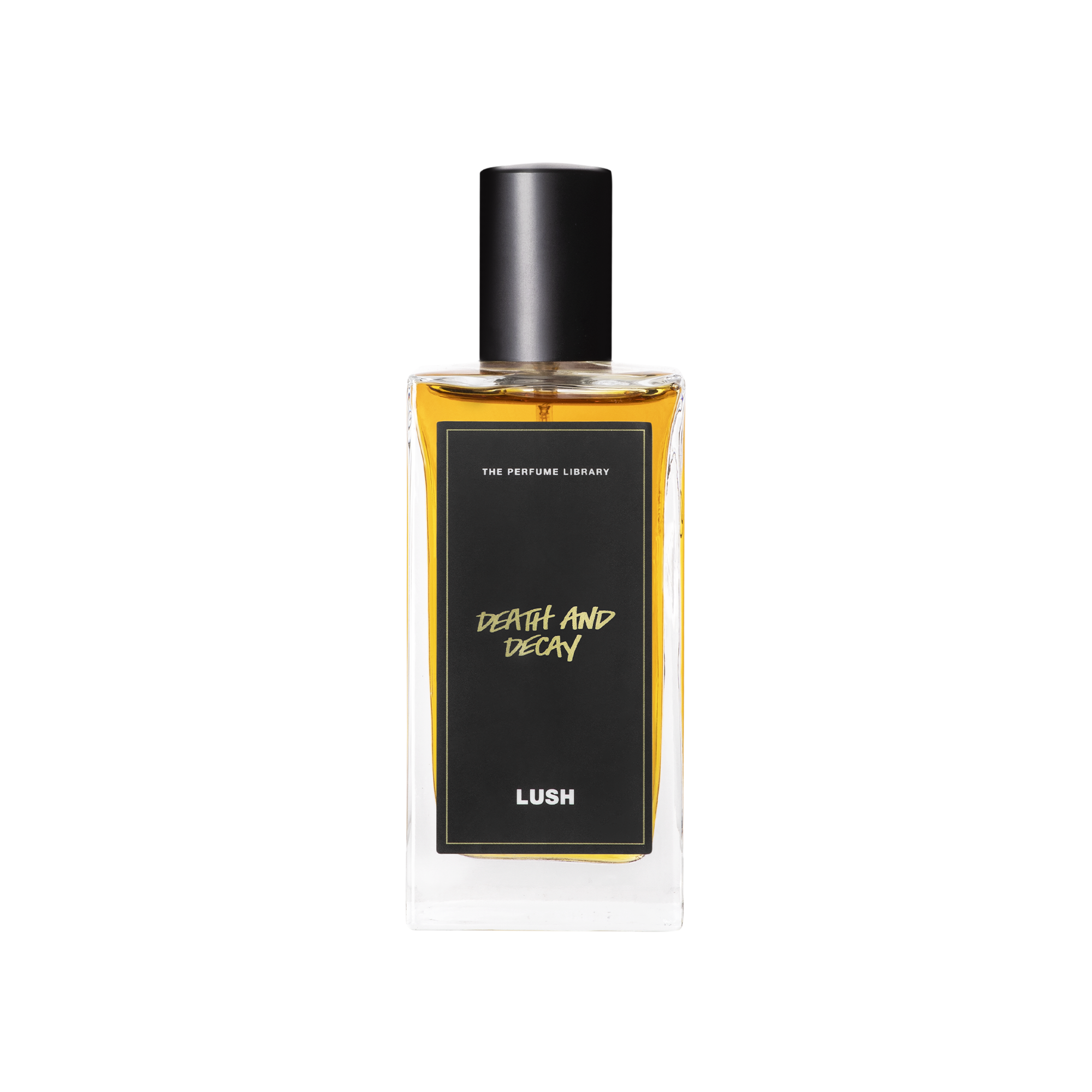 A glass perfume bottle filled with dark amber liquid. A black label reads 'The Perfume Library' and 'Death and Decay'.