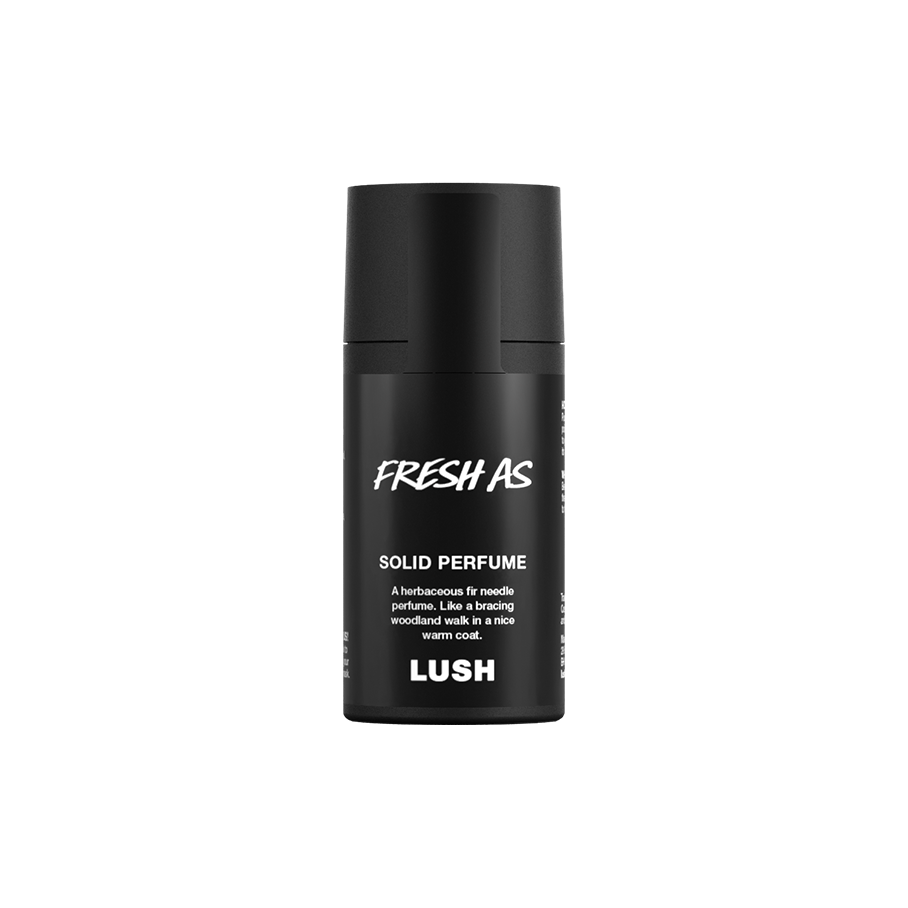 Fresh As. A short, cylindrical black push-up tube of the Fresh As solid perfume with a black label on the front covering the cap, with the product name and scent printed on it.