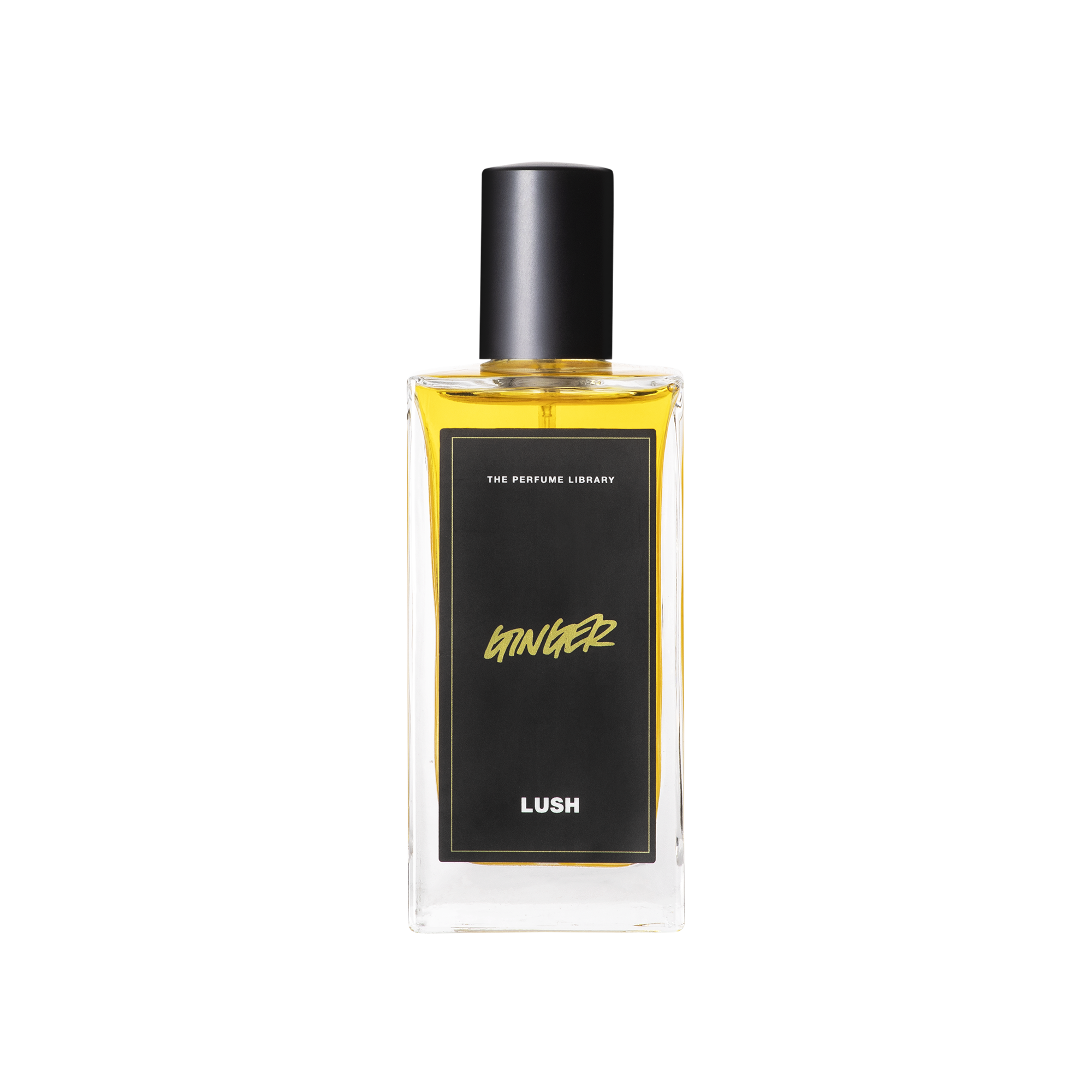 A glass perfume bottle filled with a light amber liquid. A black label reads 'The Perfume Library' and 'Ginger'.