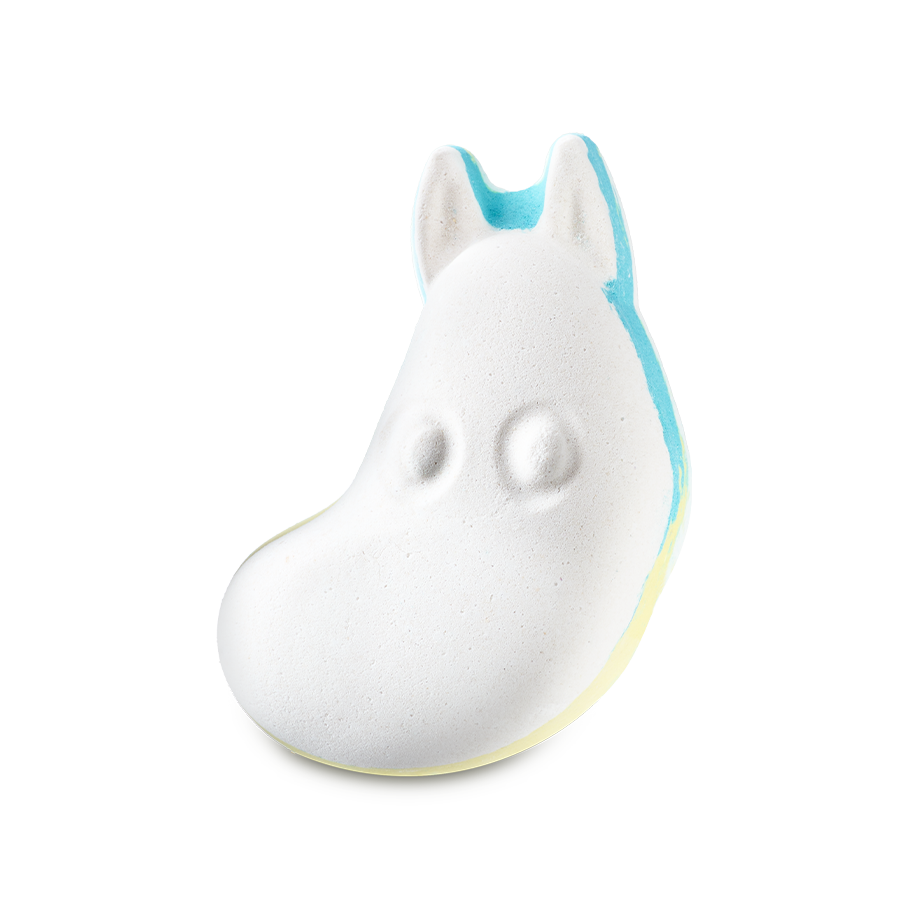 Moomintroll. A white bath bomb shaped like the character Moomintroll, featuring pointed ears and moulded eyes. The back edge reveals layers of bright blue and yellow.